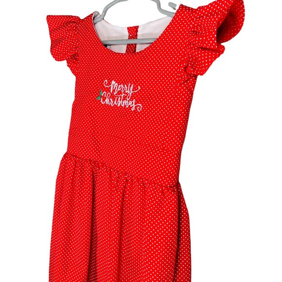 Girls Red Polka Dot Winter Christmas Holiday Embroidered Ruffle Sleeve Dress 6 - Picture 4 of 7